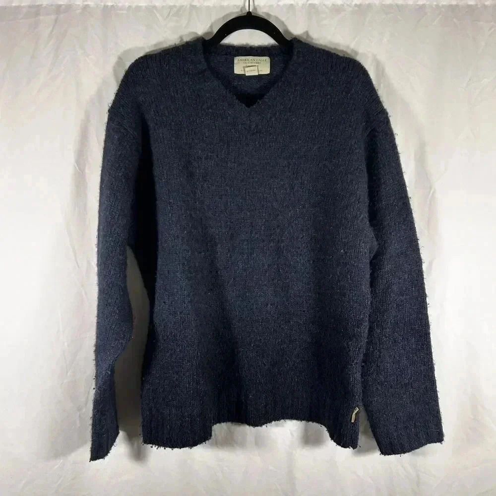 American Eagle Sweater Men Large Navy Blue Wool Blend Vneck Long Sleeve